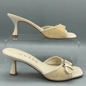 Guess Women’s Dista Buckle Kitten Heel Dress Sandals Ivory Size 8.5M